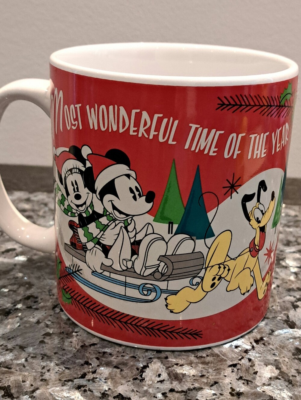 Disney Large Red Holiday Mug 20oz Mickey Mouse and Pluto On Sleigh